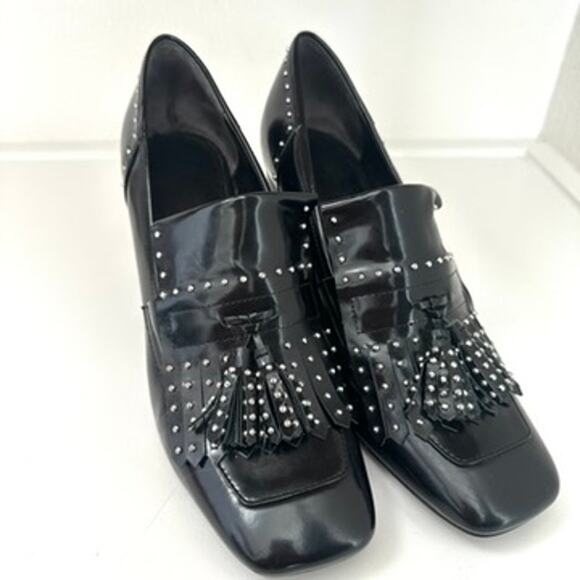 Marc Fisher Black Patent Loafer Pumps Studded Tassel Women Size 10M Glam Modern - Picture 1 of 9